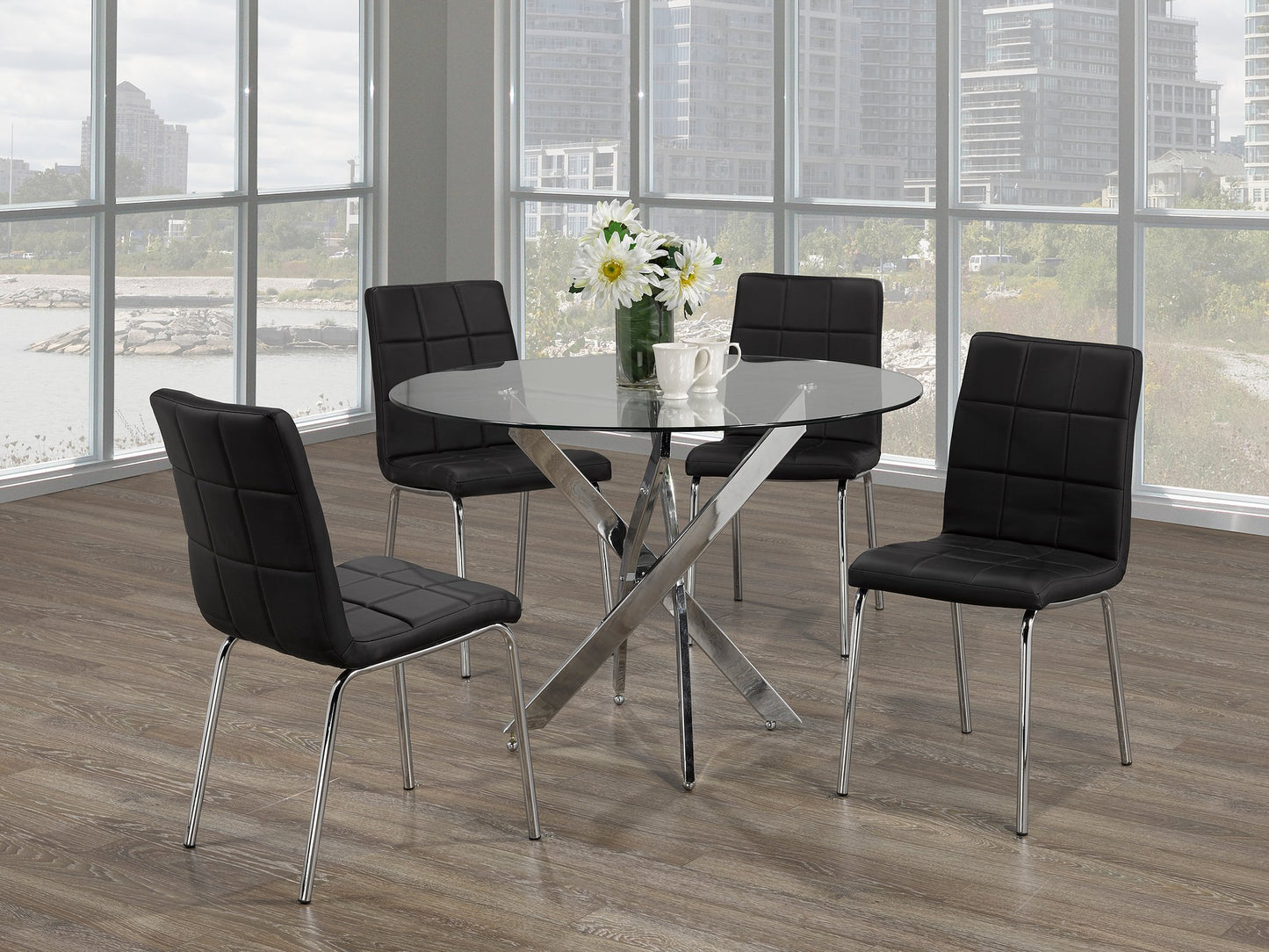(3460 CHROME- 1760 BLACK- 5)- 39" ROUND GLASS DINING TABLE- WITH 4 CHAIRS