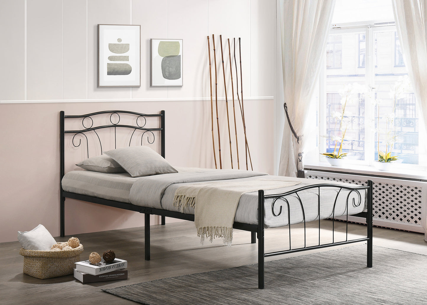 TWIN (SINGLE) SIZE- (155 BLACK)- METAL- BED FRAME- WITH SLATTED PLATFORM