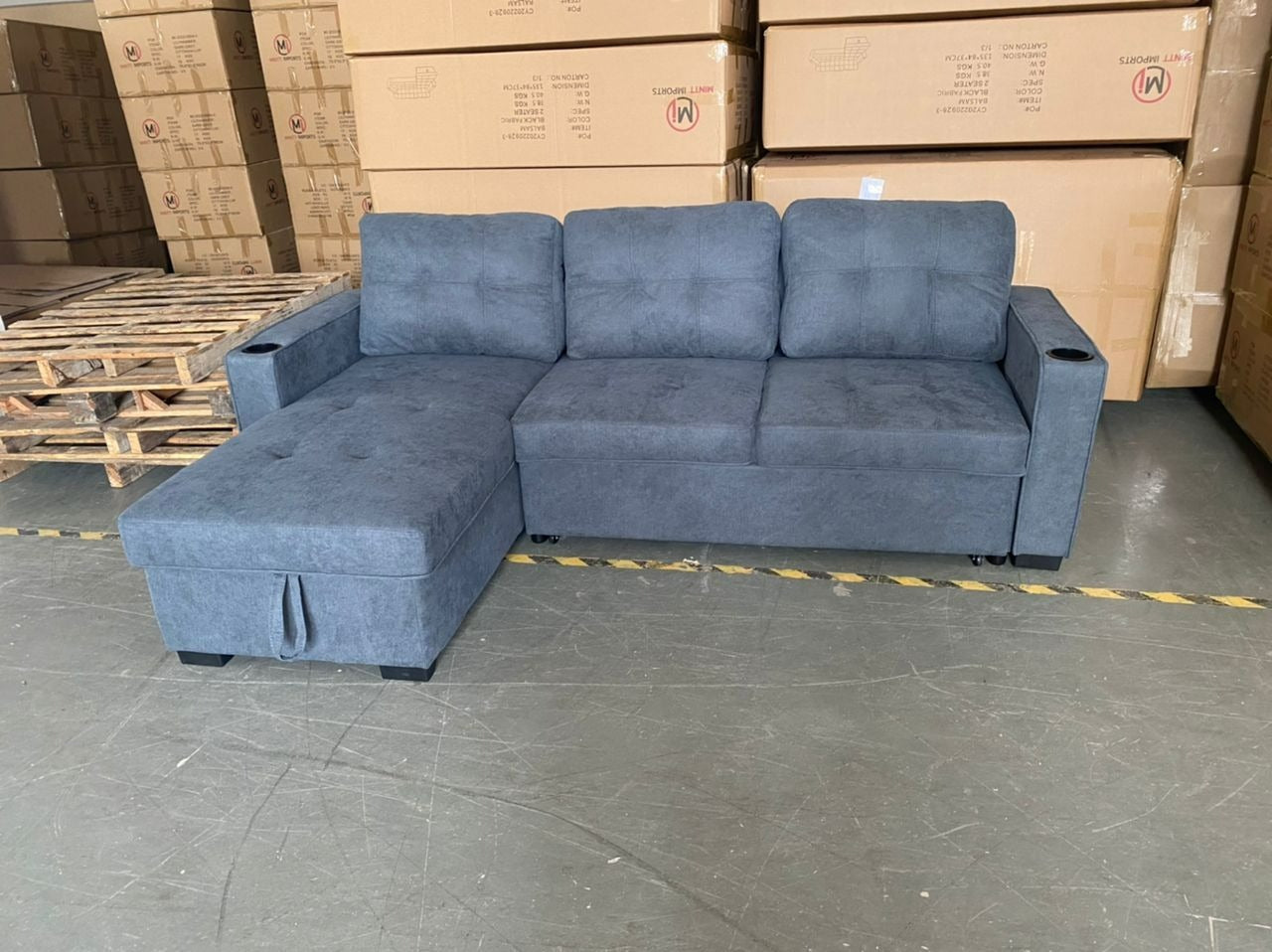 BALSAM GREY)- REVERSIBLE- FABRIC SECTIONAL SOFA WITH PULL OUT BED