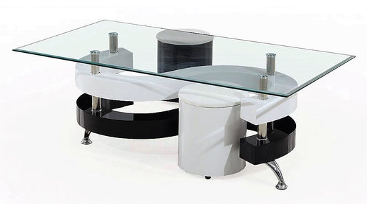 (2055 BLACK AND WHITE)- GLASS COFFEE TABLE- WITH 2 STOOLS