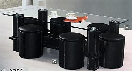 (2056 BLACK)- GLASS COFFEE TABLE- WITH 6 STOOLS