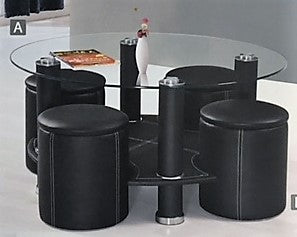 (2057 BLACK)- ROUND- GLASS- COFFEE TABLE- WITH 4 STOOLS