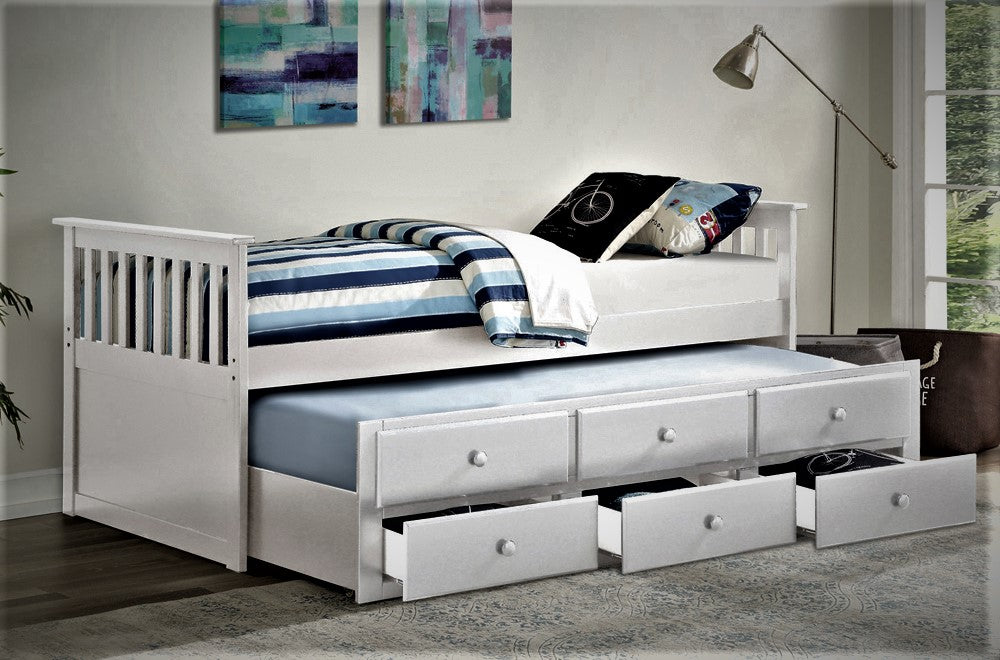 TWIN (SINGLE) SIZE- (2100 WHITE)- WOOD CAPTAIN BED- WITH TRUNDLE