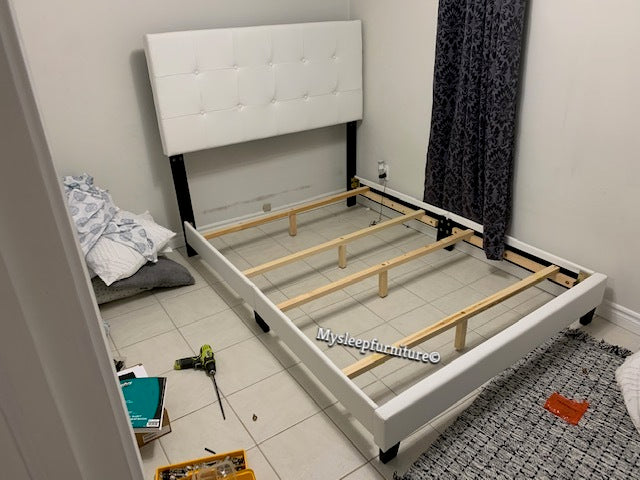 QUEEN SIZE- (2113 WHITE)- BUTTON TUFTED- LEATHER BED FRAME- (BOX SPRING REQUIRED)