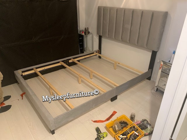 DOUBLE (FULL) SIZE- (2118 LIGHT GREY)- FABRIC BED FRAME- (BOX SPRING REQUIRED)