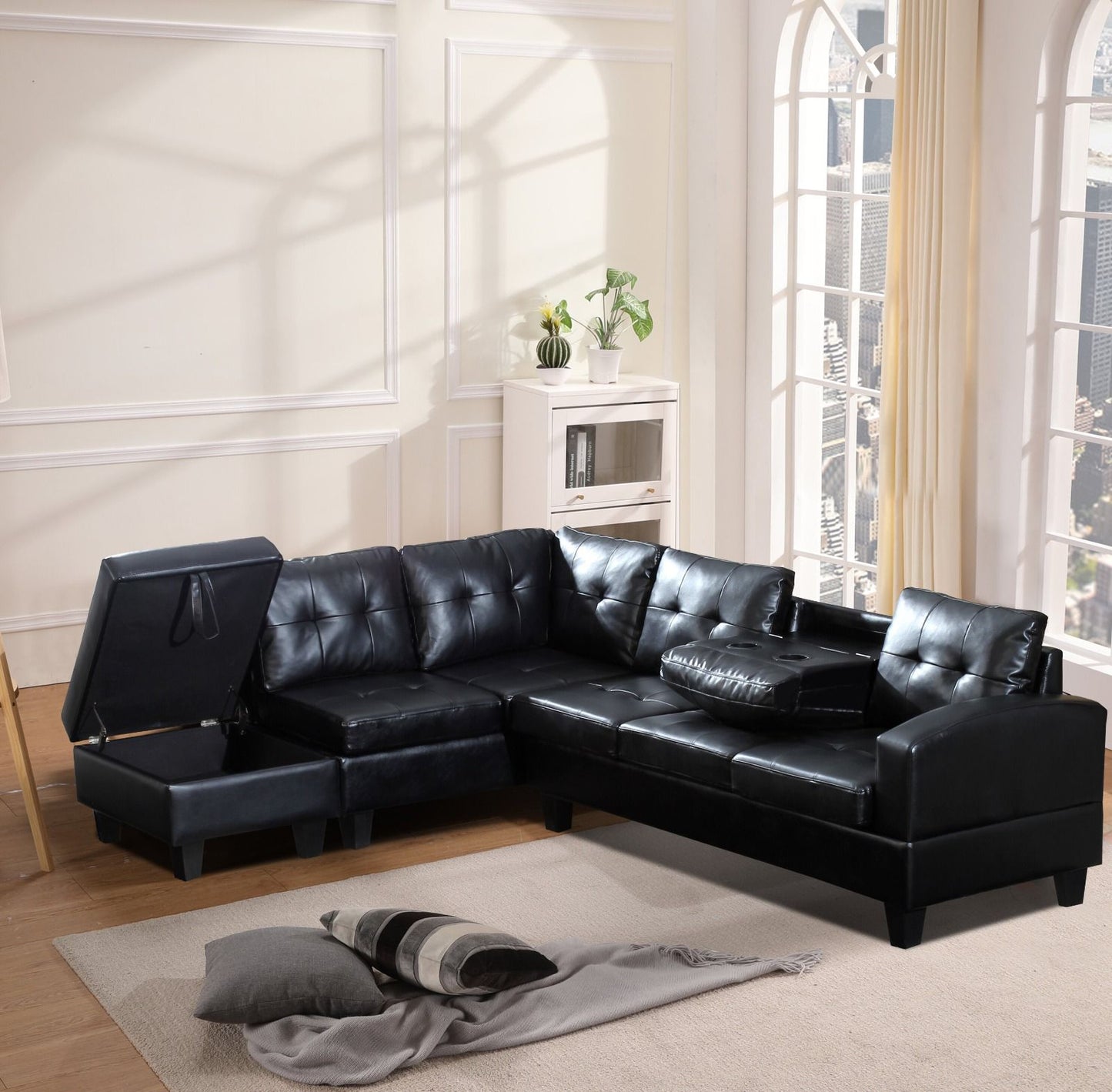 (2212 BLACK)- 106" LONG- LEATHER GEL- REVERSIBLE- SECTIONAL SOFA- WITH STORAGE AND CUPHOLDERS- out of stock until October 30, 2024