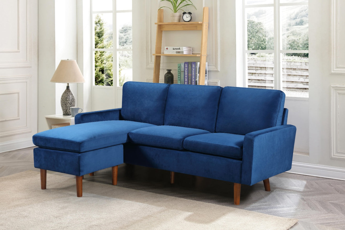 (2213 BLUE)- 76" LONG- REVERSIBLE- VELVET FABRIC SECTIONAL SOFA- TEXT OR WHATSAPP @ 416 319 8851 FOR STOCK AVAILABILITY BEFORE PAYING