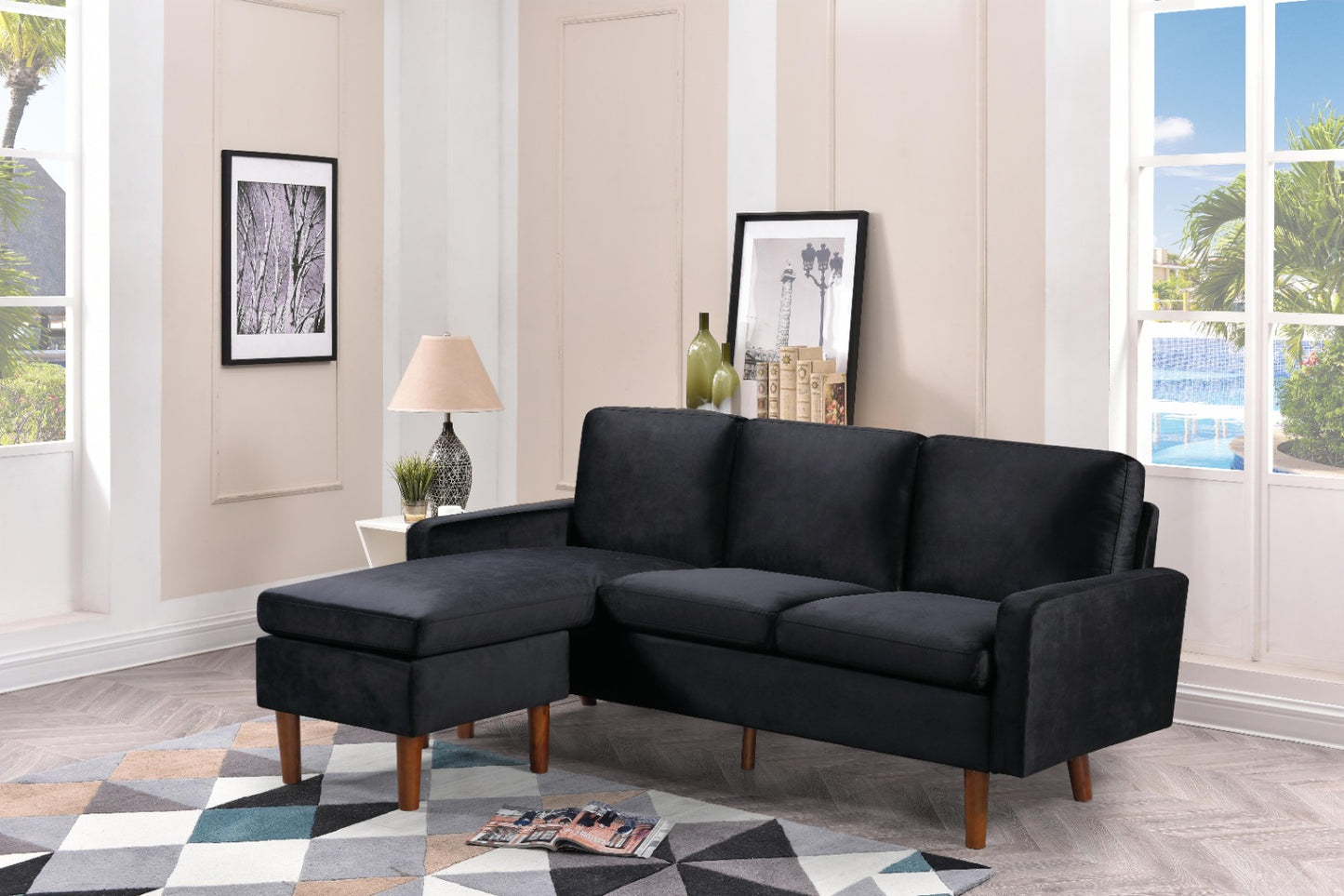 (2213 BLACK)- 76" LONG- REVERSIBLE- VELVET FABRIC SECTIONAL SOFA- TEXT OR WHATSAPP @ 416 319 8851 FOR STOCK AVAILABILITY BEFORE PAYING