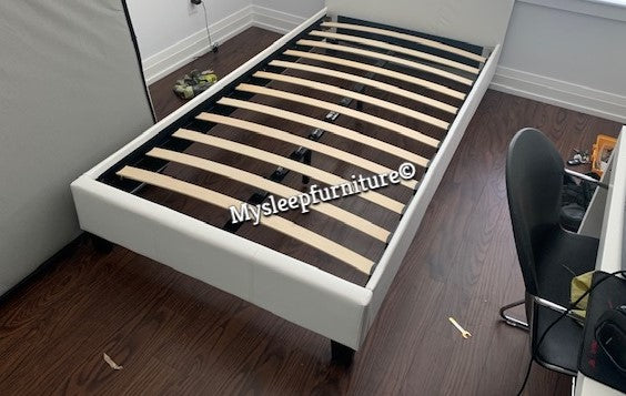 TWIN (SINGLE) SIZE- (2350 WHITE)- LEATHER BED FRAME- WITH SLATS
