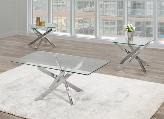 (2576 CHROME- 3)- GLASS COFFEE TABLE- WITH 2 SIDE TABLES