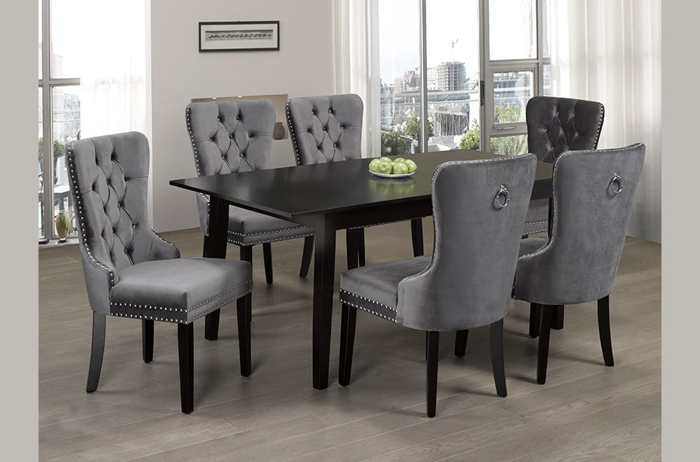 (3009-246 GREY- 7)- EXTENSION WOOD DINING TABLE WITH 6 VELVET FABRIC CHAIRS- OUT OF STOCK UNTIL NOVEMBER 22, 2025