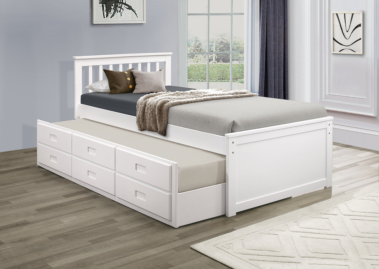 TWIN (SINGLE) SIZE- (300 WHITE)- WOOD BED FRAME- WITH TRUNDLE