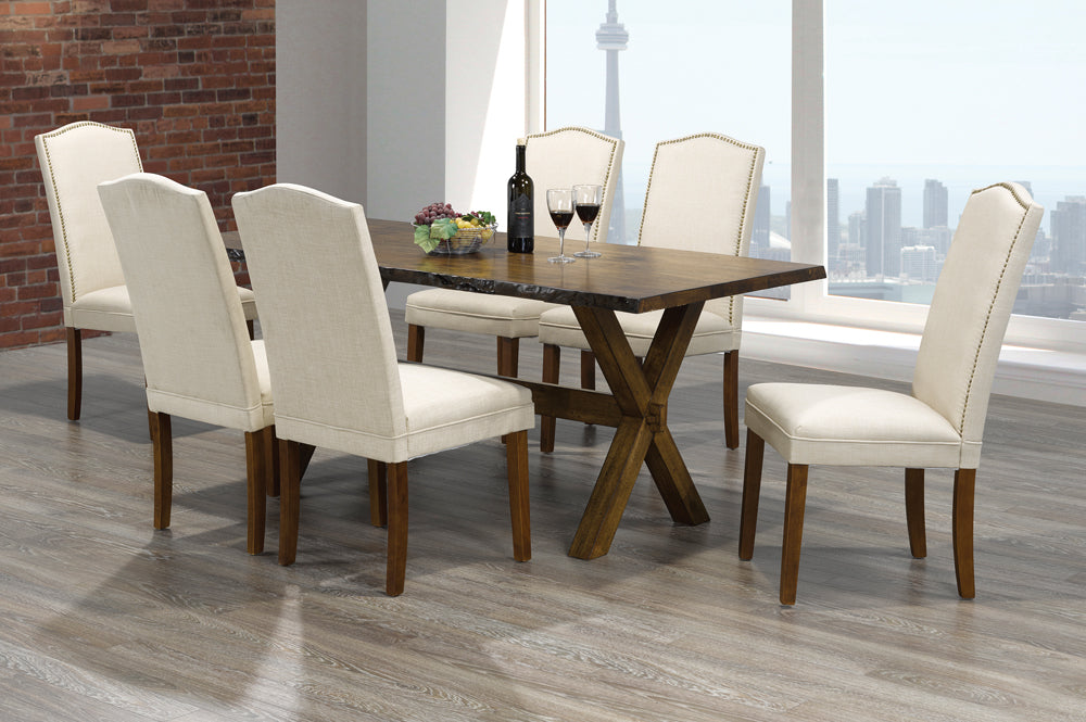 (3036- 230 BEIGE- 7)- 71" LONG- WOOD DINING TABLE WITH 6 FABRIC CHAIRS