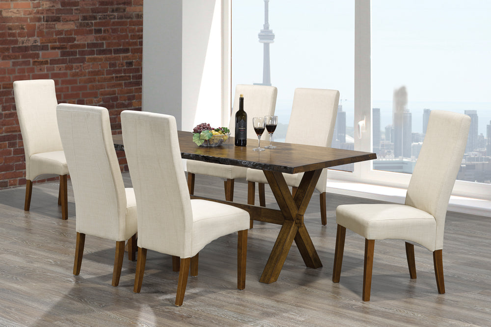 (3036- 240 BEIGE- 7)- 71" LONG- WOOD DINING TABLE WITH 6 FABRIC CHAIRS