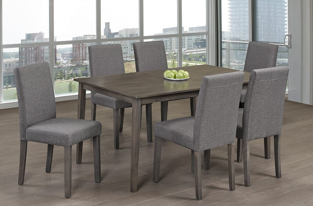 (3117- 249 GREY- 7)- 59" LONG- WOOD DINING TABLE WITH 6 FABRIC CHAIRS- OUT OF STOCK UNTIL MAY 31, 2025