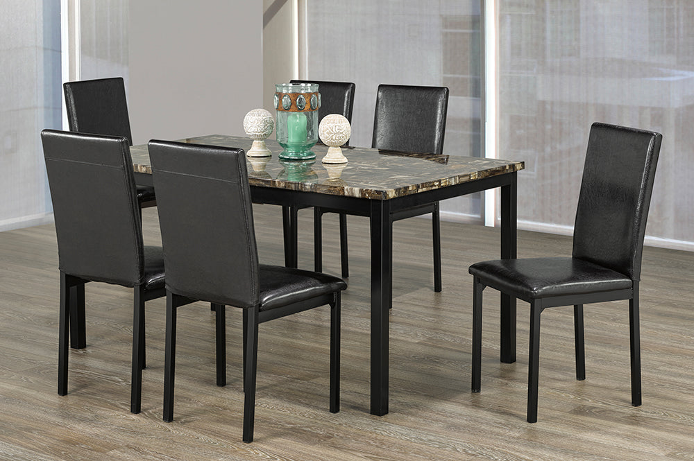 (3201 BLACK- 7)- 60" LONG- MARBLE LOOK- DINING TABLE- WITH 6 LEATHER CHAIRS
