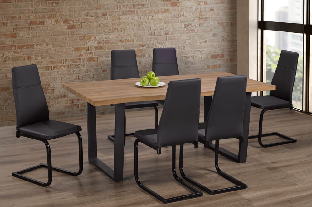 (3350- 210 BLACK- 7)- 71" LONG- WOOD DINING TABLE- WITH 6 LEATHER CHAIRS