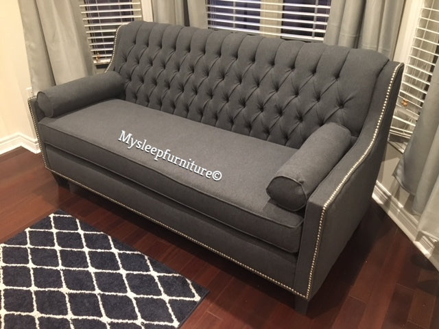 (3370B CHARCOAL- 1)- FABRIC- BUTTON TUFTED- CANADIAN MADE- SOFA- (DELIVERY AFTER 1.5 MONTHS)