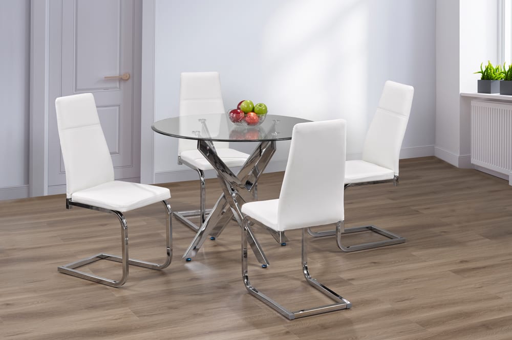 (3460 CHROME- 210 WHITE- 5)- 39" ROUND GLASS DINING TABLE- WITH 4 CHAIRS