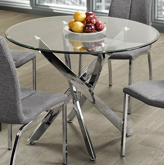 (1447 CHROME- 1)- 44" ROUND- GLASS DINING TABLE- INVENTORY CLEARANCE