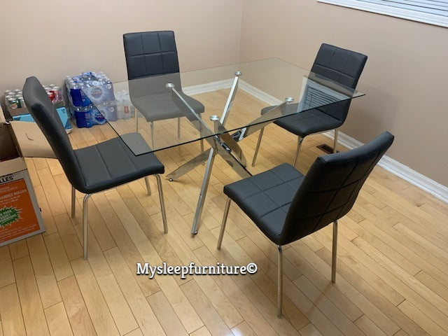 (3465 CHROME- 1760 BLACK- 5)- 55" LONG GLASS DINING TABLE - WITH 4 CHAIRS