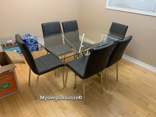 (3465 CHROME- 1760 BLACK- 7)- 55" LONG - GLASS DINING TABLE - WITH 6 CHAIRS
