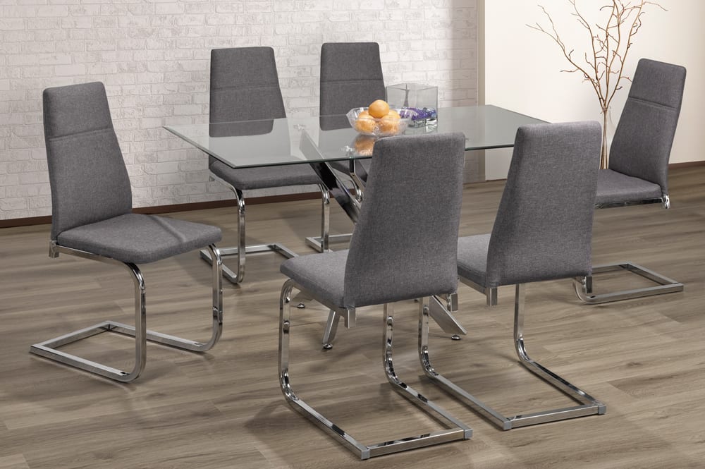 (3465 CHROME- 210 GREY- 7)- 55" LONG GLASS DINING TABLE - WITH 6 CHAIRS