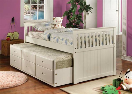 TWIN (SINGLE) SIZE- (4321 WHITE)- WOOD- CAPTAIN BED- WITH TRUNDLE
