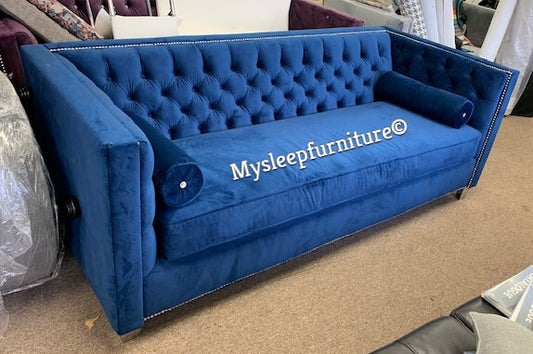 (4402B BLUE- 1)- VELVET FABRIC- BUTTON TUFTED- CANADIAN MADE- SOFA- (DELIVERY AFTER 3 WEEKS)