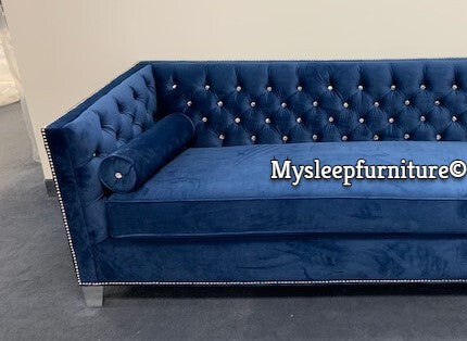 (4402C BLUE- 2)- VELVET FABRIC- CRYSTAL TUFTED- CANADIAN MADE- LOVESEAT- DELIVERY AFTER 3 WEEKS