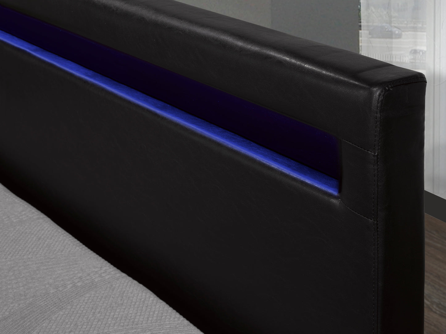QUEEN SIZE- (688 BLACK)- LEATHER- BED FRAME- WITH LIGHT- WITH SLATS