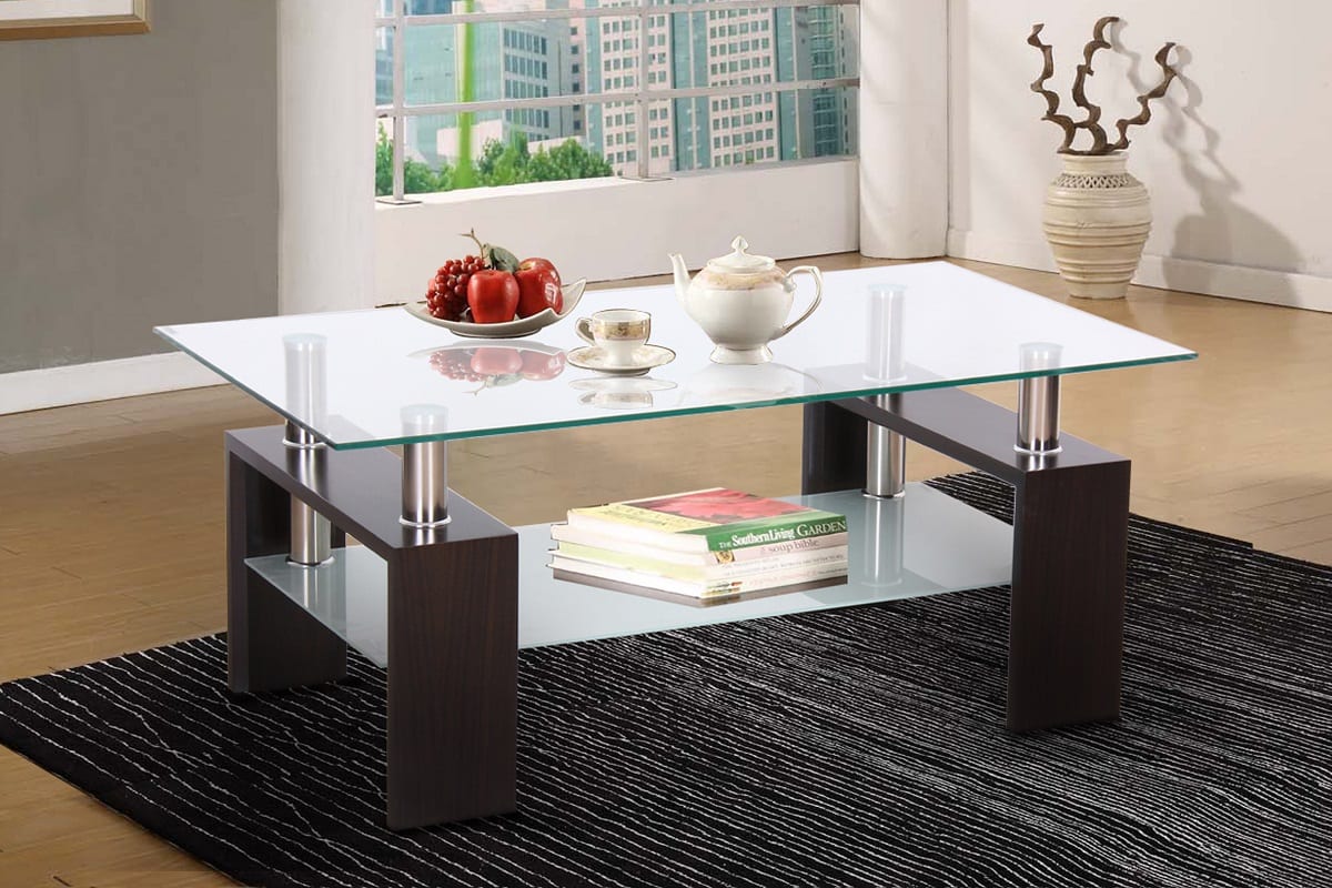 (5000 ESPRESSO)- GLASS COFFEE TABLE- WITH SHELF- OUT OF STOCK UNTIL OCTOBER 28, 2025