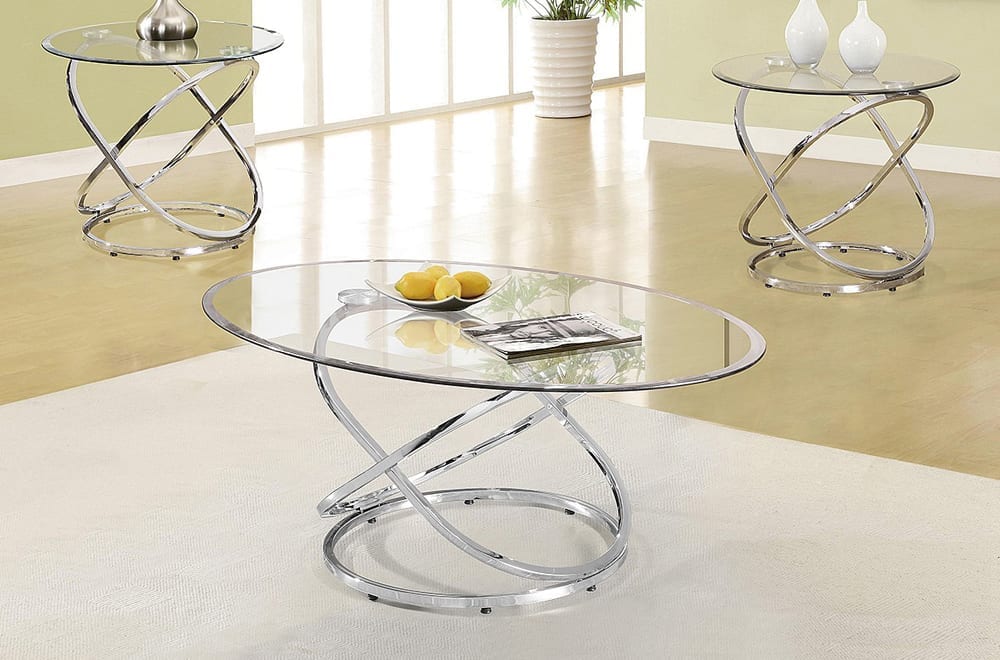 (5018 CHROME- 3)- OVAL GLASS COFFEE TABLE- WITH 2 SIDE TABLES