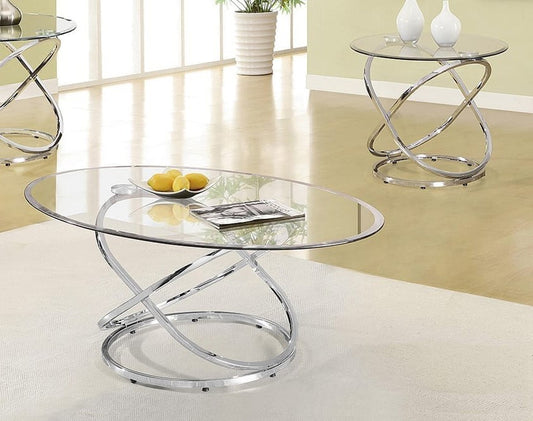 (5018 CHROME- 4)- OVAL GLASS COFFEE TABLE- WITH 1 SIDE TABLE
