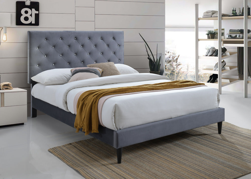 QUEEN SIZE- (525 grey)- VELVET FABRIC- CRYSTAL TUFTED- BED FRAME- WITH SLATS