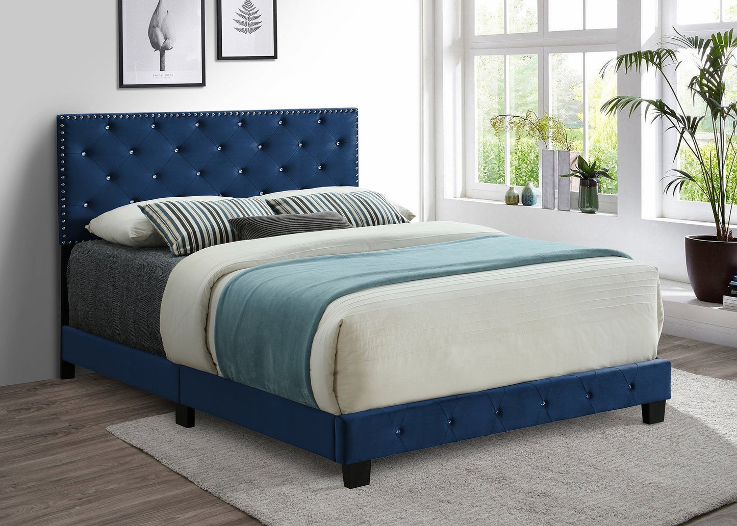 KING SIZE- (5652 BLUE)- VELVET FABRIC- CRYSTAL TUFTED- BED FRAME- WITH SLATS