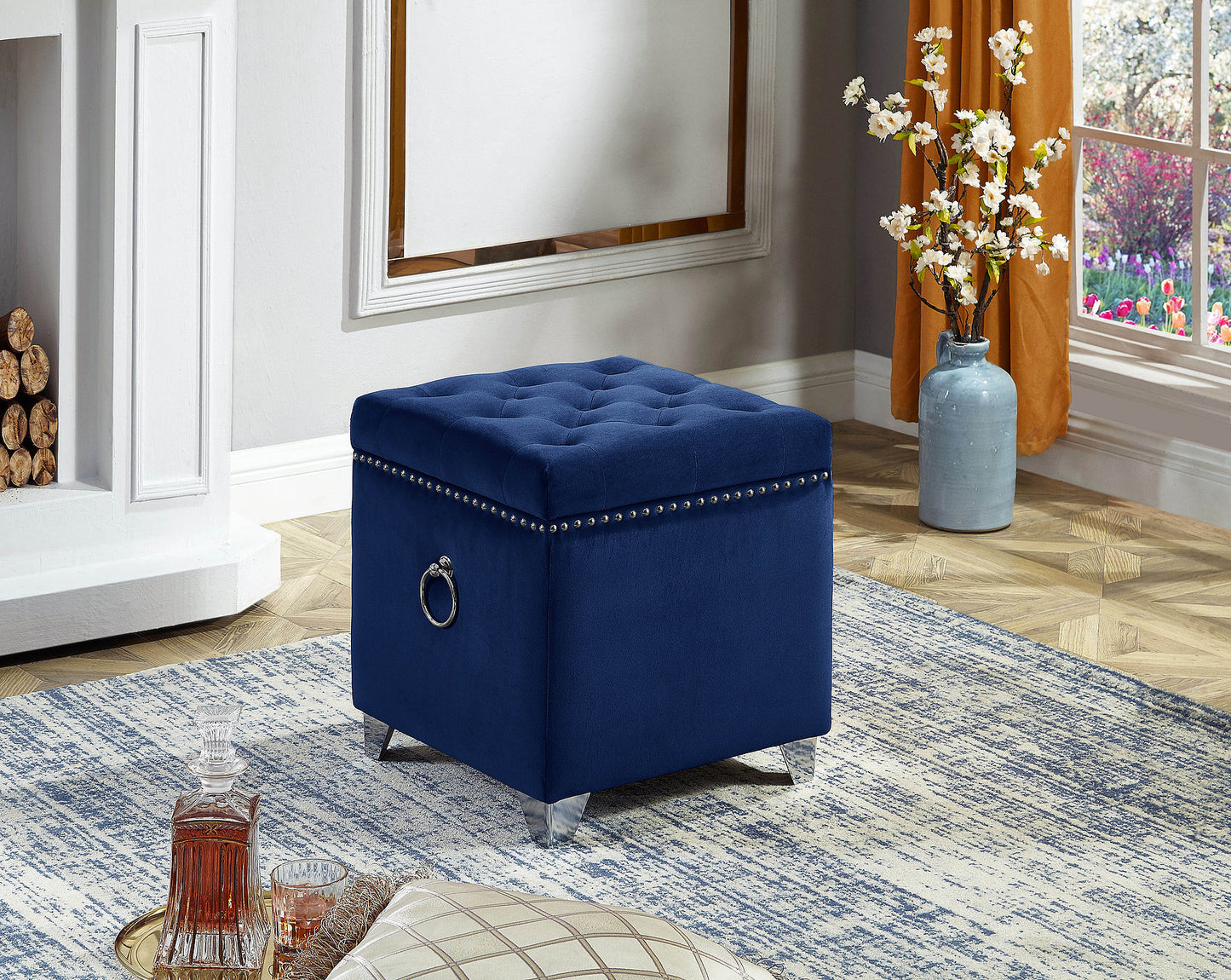 (6297 BLUE)- VELVET FABRIC OTTOMAN- WITH STORAGE