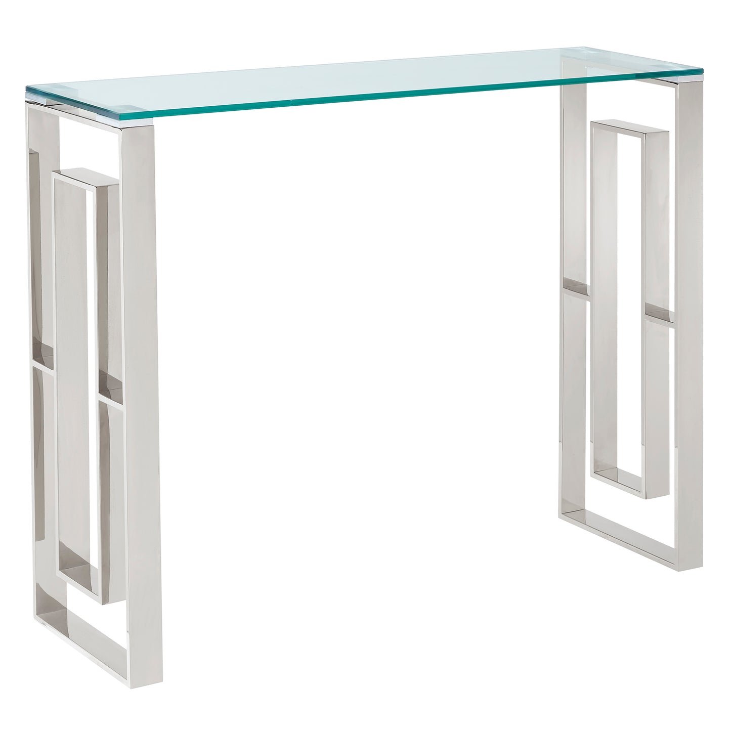 (EROS CHROME)- GLASS CONSOLE TABLE- SUPPLIER CLEARANCE- TEXT OR WHATSAPP 416 319 8851 FOR STOCK AVAILAIBILITY BEFORE PAYING