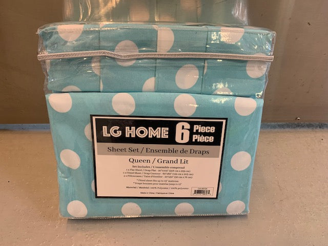 QUEEN SIZE- (LG HOME LIGHT BLUE POLKA DOT PRINT)- 6 PC. SHEET SET