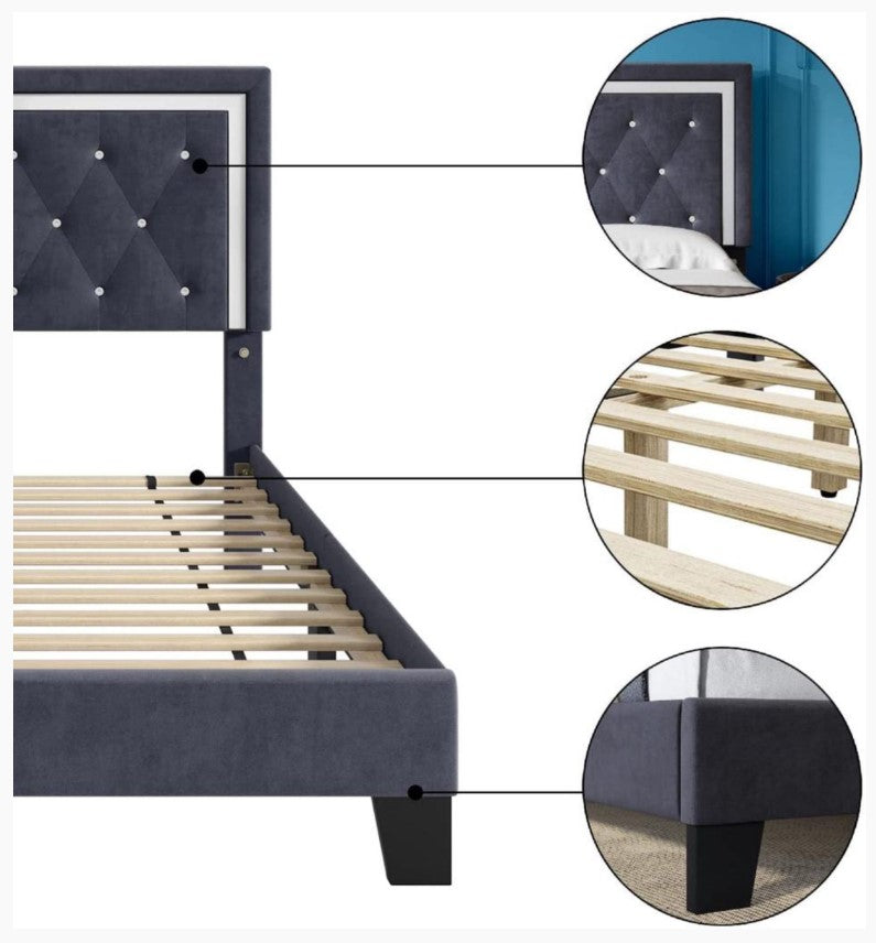 KING SIZE- (LANE BLUE)- VELVET FABRIC - CRYSTAL TUFTED- BED FRAME- WITH SLATS