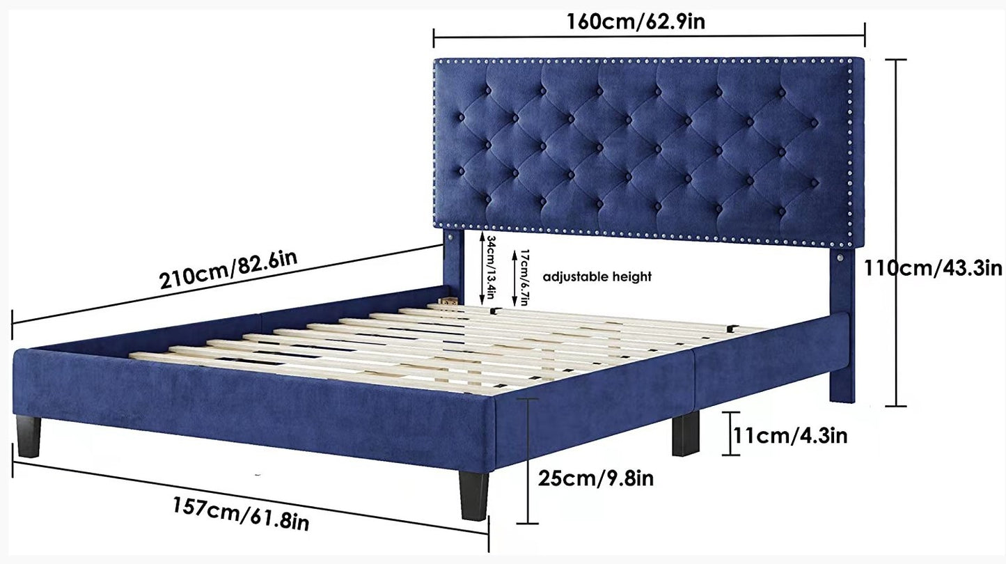 QUEEN SIZE- (RUBY BLUE)- VELVET FABRIC- BUTTON TUFTED- BED FRAME- WITH SLATS