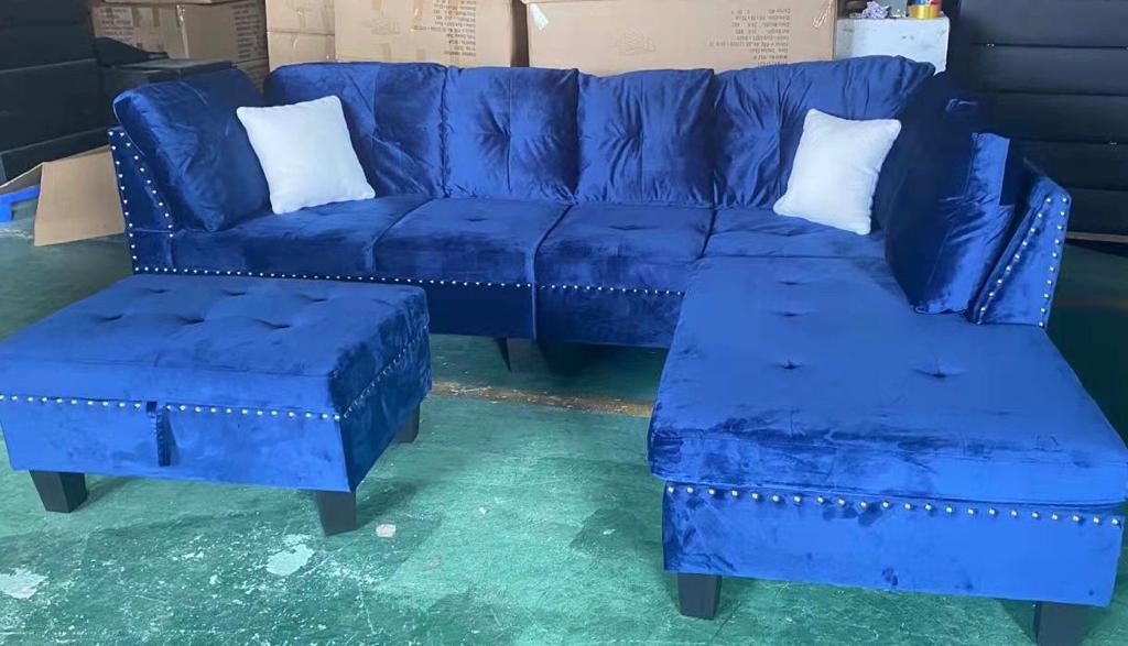 (1013 BLUE)- REVERSIBLE- VELVET FABRIC SECTIONAL SOFA- WITH STORAGE OTTOMAN