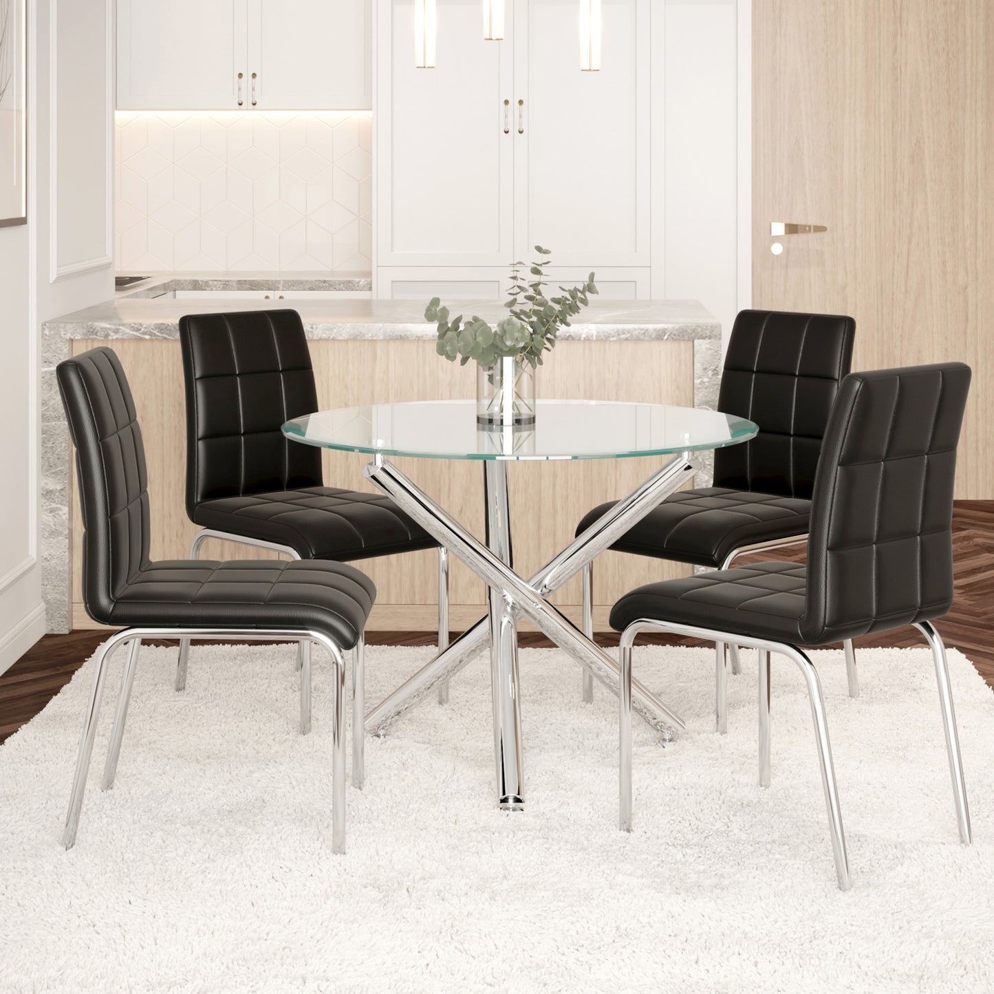 (811 WESTON- 1760 BLACK- 5)- 39" ROUND- GLASS DINING TABLE- WITH 4 CHAIRS