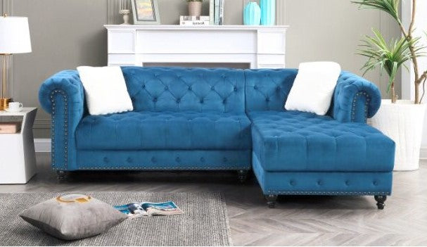 (2030 BLUE RHF)- VELVET FABRIC SECTIONAL SOFA- TEXT OR WHATSAPP @ 416 319 8851 FOR STOCK AVAILABILITY BEFORE PAYING