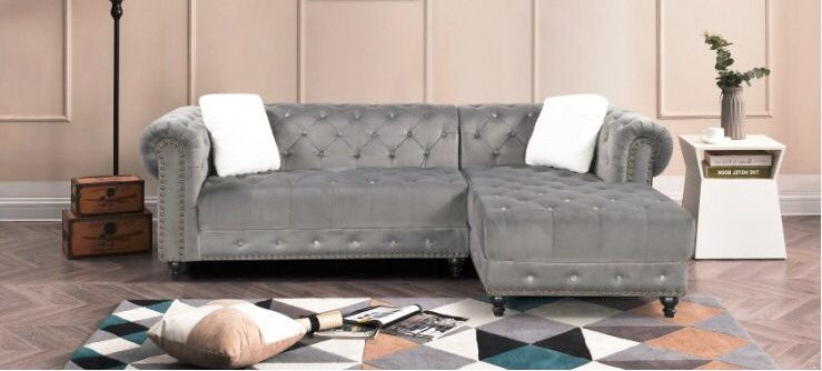 (2030 grey RHF)- VELVET FABRIC SECTIONAL SOFA- TEXT OR WHATSAPP @ 416 319 8851 FOR STOCK AVAILABILITY BEFORE PAYING