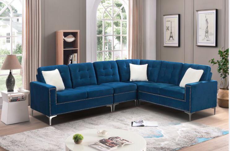 (2201 BLUE)- VELVET FABRIC SECTIONAL SOFA- TEXT OR WHATSAPP @ 416 319 8851 FOR STOCK AVAILABILITY BEFORE PAYING