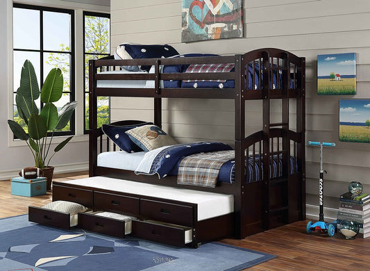 TWIN/TWIN- (1840 ESPRESSO)- WOOD BUNK BED- (WITH TRUNDLE AND DRAWERS)- OUT OF STOCK UNTIL MARCH 13, 2024
