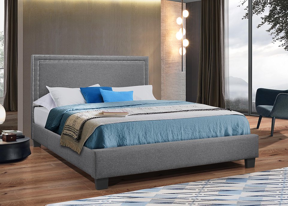 QUEEN SIZE - (5280 GREY) - FABRIC BED FRAME - WITH SLATS