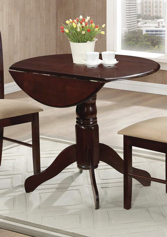 (1002 ESPRESSO- 1)- 36" ROUND- PEDESTAL- WOOD DINING TABLE- WITH 2 DROP LEAVES