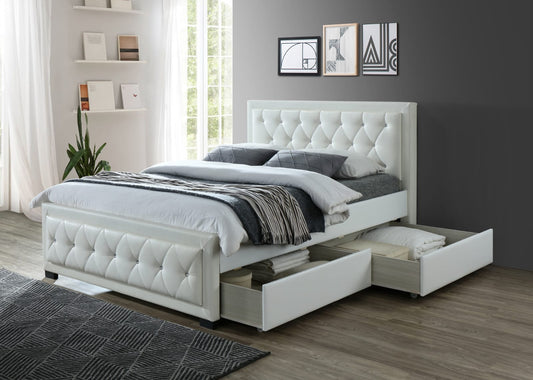 QUEEN SIZE- (1010 WHITE)- CRYSTAL TUFTED- LEATHER STORAGE BED FRAME- WITH DRAWERS- WITH SLATS